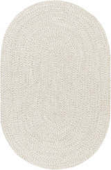 Close-up of an oval Beige Braided Faux Jute Rug. Cream and brown woven texture. Contemporary farmhouse style. Design-Oval-575
