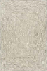 Close-up of a Beige Braided Faux Jute Rug. Neutral cream, brown, and charcoal tones create a subtle braided texture. Design-Rectangle-576