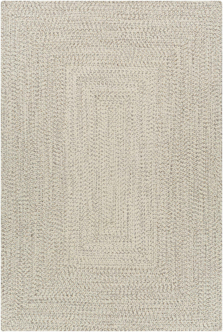 Close-up of a Beige Braided Faux Jute Rug. Neutral cream, brown, and charcoal tones create a subtle braided texture. Design-Rectangle-576