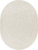 Close-up of an oval Beige Braided Faux Jute Rug. Neutral bleached jute, brown, and cream tones create a textured, woven design. Design-Oval-7595
