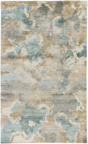 Close-up of Briceville Premium Area Rug. Ivory, medium green, pale blue, peach, and wheat abstract pattern. Hand-knotted wool texture. Design-Rectangle-58