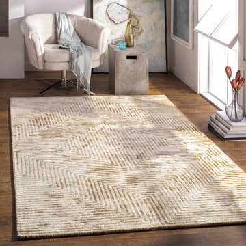 Living room scene with a Quartz Patterned Sheen Beige Viscose Rug, beige chair, and modern decor. Contemporary style. Roomscene-Rectangle