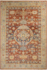 Detailed Brookeland Area Rug - Clearance with beige, brick red, and blue traditional, oriental rug design. Hand knotted wool. Design-Rectangle-5686