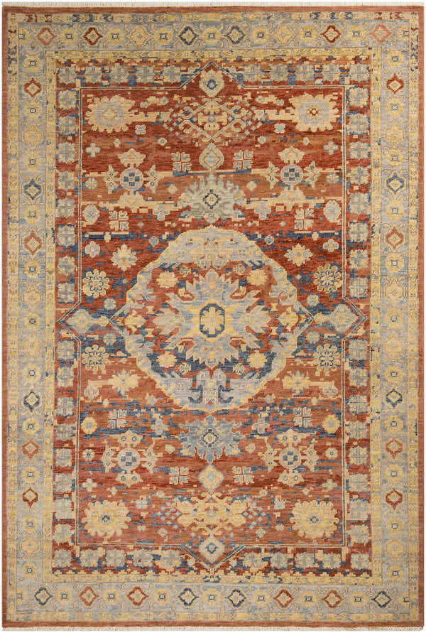 Detailed Brookeland Area Rug - Clearance with beige, brick red, and blue traditional, oriental rug design. Hand knotted wool. Design-Rectangle-5686