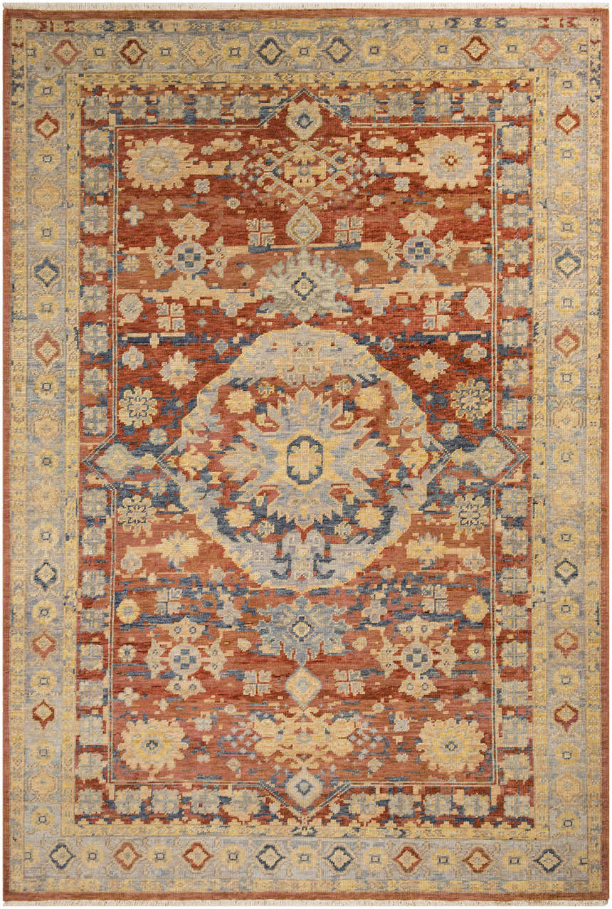 Detailed Brookeland Area Rug - Clearance with beige, brick red, and blue traditional, oriental rug design. Hand knotted wool. Design-Rectangle-5686