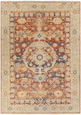 Hand knotted Brookeland Area Rug in beige, brick red, and blue wool. Oriental style with traditional patterns. Design-Rectangle-811