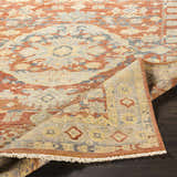 Close-up of the hand-knotted Brookeland Area Rug. Beige, brick red, and blue create a traditional, oriental-inspired pattern. Fold