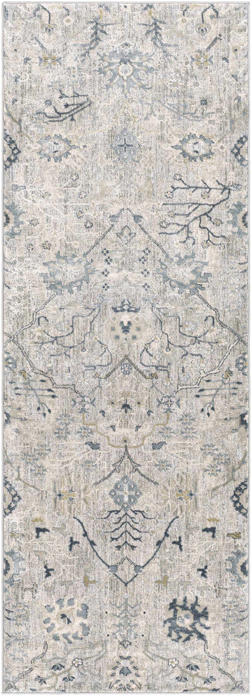 Close-up of Barkisland Thick Luxe Oushak Rug. Features floral, country design in deep teal, sage, and beige tones. Design-Runner-2710