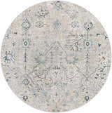 Round Barkisland Thick Luxe Oushak Rug. Beige rug with teal, sage, and gray floral and oriental design. Design-Round-53