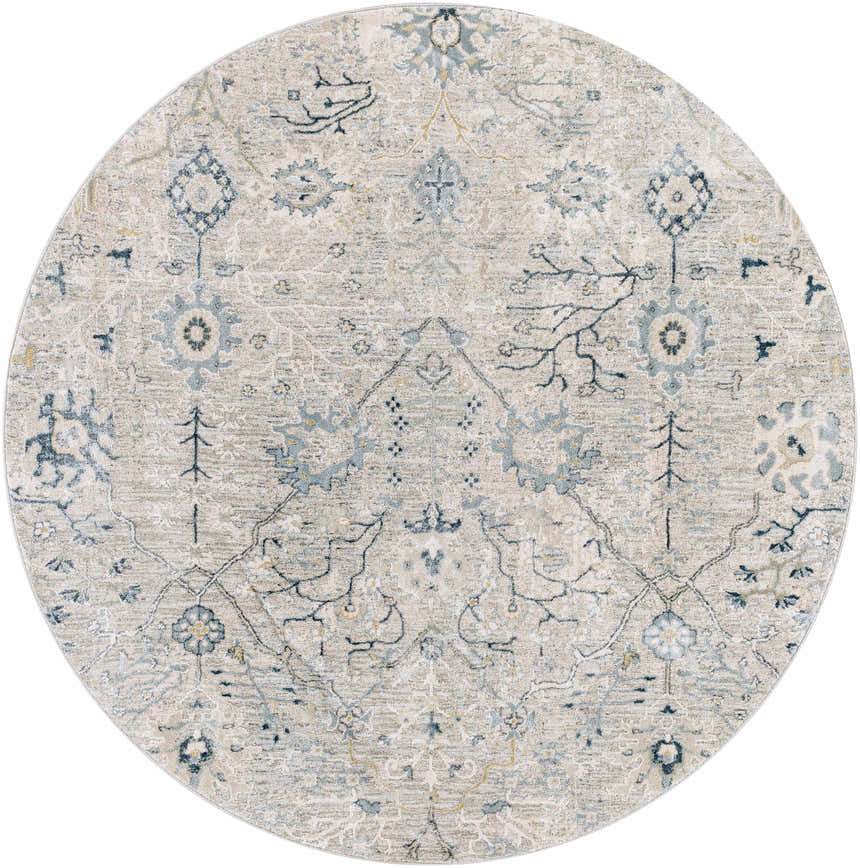 Round Barkisland Thick Luxe Oushak Rug. Beige rug with teal, sage, and gray floral and oriental design. Design-Round-53