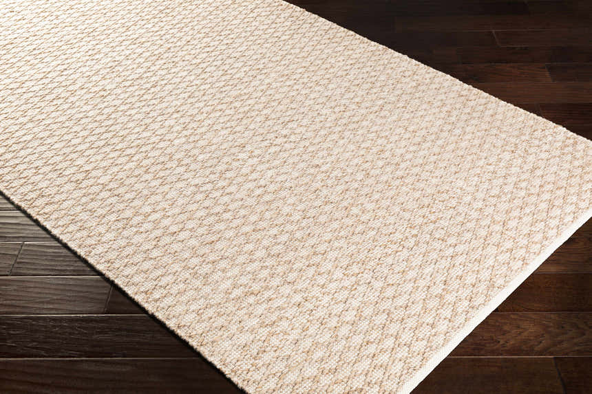 Close-up of the Brillion Area Carpet. Hand-woven polyester rug with a textured, natural fiber look on dark wood floors. Corner