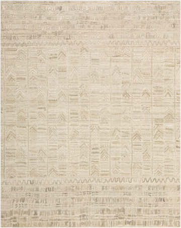 Close-up of the hand-loomed Burlington Clearance Rug. Features a geometric pattern in oatmeal, taupe, and sage hues. Design-Rectangle-69