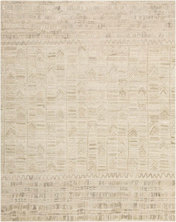 Close-up of the hand-loomed Burlington Clearance Rug. Features a geometric pattern in oatmeal, taupe, and sage hues. Design-Rectangle-69
