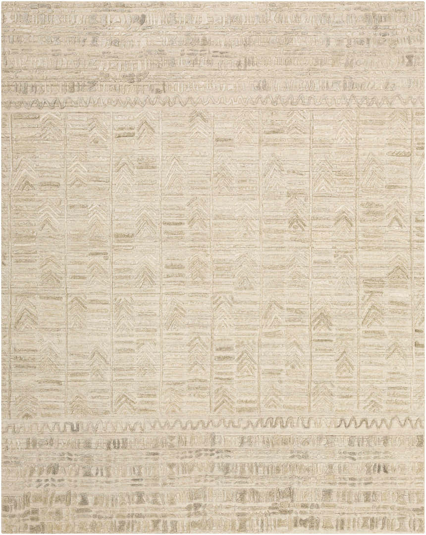 Close-up of the hand-loomed Burlington Clearance Rug. Features a geometric pattern in oatmeal, taupe, and sage hues. Design-Rectangle-69