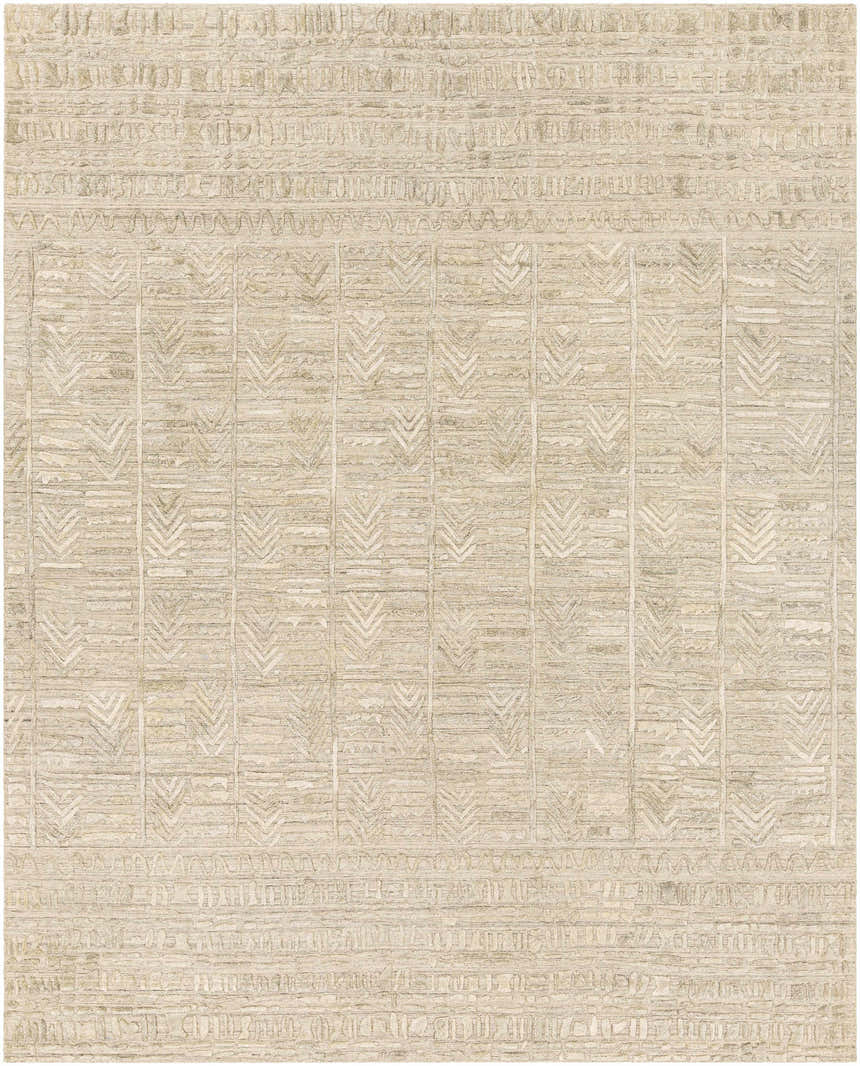Close up of the Burlington Clearance Rug in oatmeal, sage, and taupe with a geometric, farmhouse design. Design-Rectangle-810
