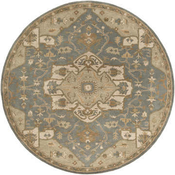 Detailed round Broomfield Gray 1144 wool rug. Oriental design in beige, tan, brown, and gray. Hand-tufted farmhouse style. Design-Round-8