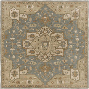 Detailed square Broomfield Gray 1144 wool rug with oriental design in beige, tan, gray, and brown tones. Hand-tufted texture. Design-Square-8