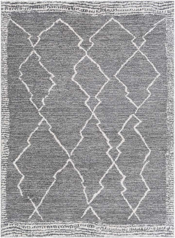 Close-up of the Bramham Area Rug, a gray rug with a white geometric diamond pattern and textured border. Design-Rectangle-5373