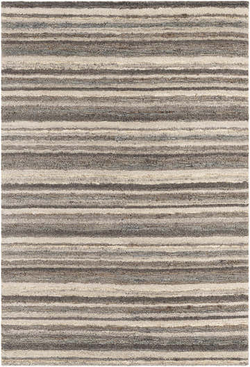 Close-up of Burnage Area Rug: a hand-woven, striped rug in charcoal, cream, beige, and gray jute and wool. Design-Rectangle-576
