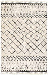 Close-up of the Brundall Clearance Rug. Hand-knotted wool rug with black geometric Moroccan design on cream background. Tassels. Design-Rectangle-69