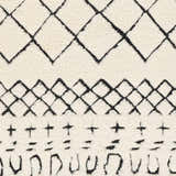 Close up of the Brundall Clearance Rug. Cream rug with a black Moroccan-inspired geometric pattern. Hand-knotted texture. Swatch