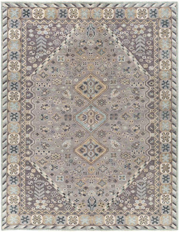Detailed Boroon Area Rug - Clearance with traditional floral and geometric pattern in black, blue, beige, and tan wool. Design-Rectangle-810