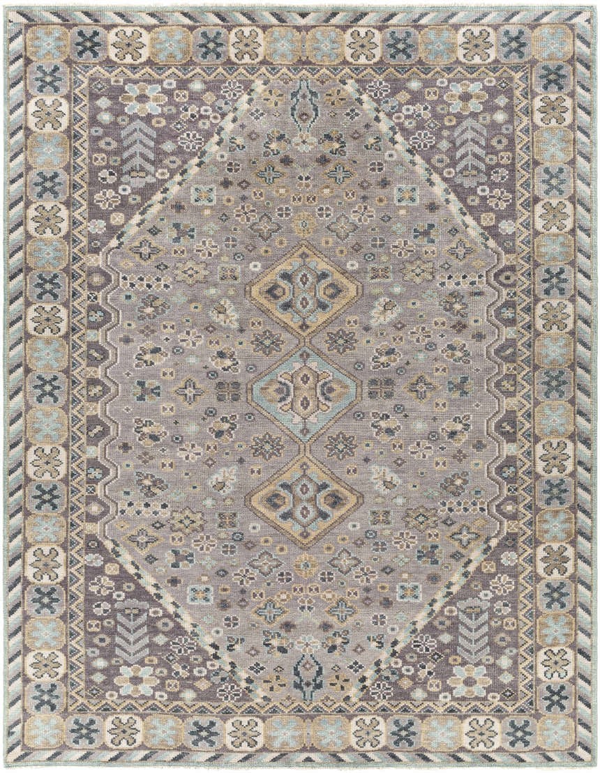 Detailed Boroon Area Rug - Clearance with traditional floral and geometric pattern in black, blue, beige, and tan wool. Design-Rectangle-810
