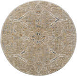 Close-up of round Barneyside Luxe Area Rug. Traditional oriental pattern in cream, tan, blue, and mustard. Machine woven texture. Design-Round-53