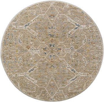 Close-up of round Barneyside Luxe Area Rug. Traditional oriental pattern in cream, tan, blue, and mustard. Machine woven texture. Design-Round-53