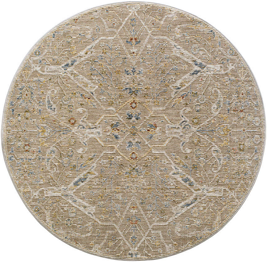 Close-up of round Barneyside Luxe Area Rug. Traditional oriental pattern in cream, tan, blue, and mustard. Machine woven texture. Design-Round-53