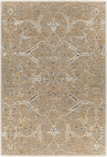 Detailed view of the Barneyside Luxe Area Rug, featuring a traditional oriental pattern in tan, cream, blue, and red. Design-Rectangle-6796