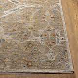 Close-up of the Barneyside Luxe Area Rug showing its traditional oriental pattern, brick red, cream, and denim colors. Front