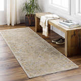 Entryway scene with a Barneyside Luxe Area Rug runner, wood bench, potted plant, and wood floors. Roomscene-Runner