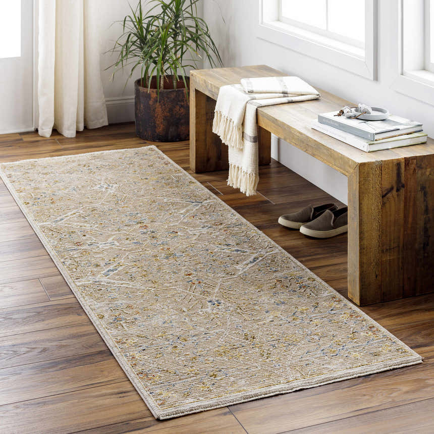 Entryway scene with a Barneyside Luxe Area Rug runner, wood bench, potted plant, and wood floors. Roomscene-Runner