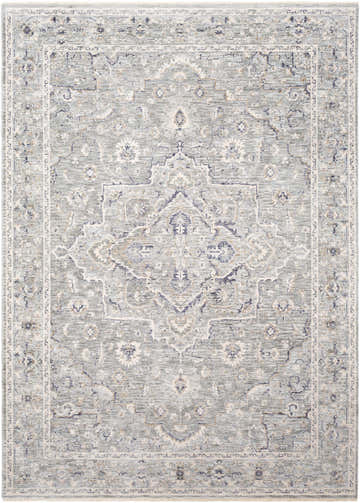 Close-up of Brodhead Luxe Area Rug. Machine-woven cotton blend with a traditional oriental design in pale blue, cream, and taupe. Design-Rectangle-582