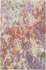 Close-up of the Bronxville Area Rug. Hand-knotted viscose rug in dark brown, lavender, lilac, olive, and peach. Contemporary style. Design-Rectangle-576