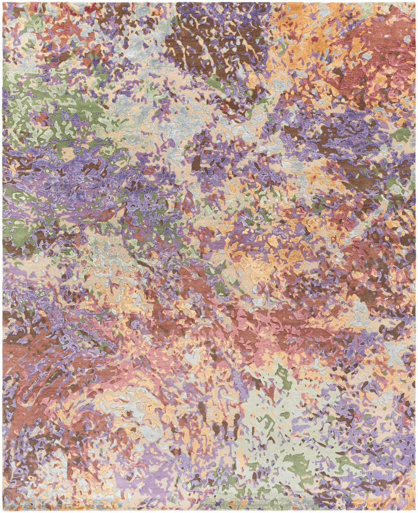 Close-up of the Bronxville Area Rug. Abstract design with dark brown, lavender, lilac, olive, and peach tones. Design-Rectangle-810