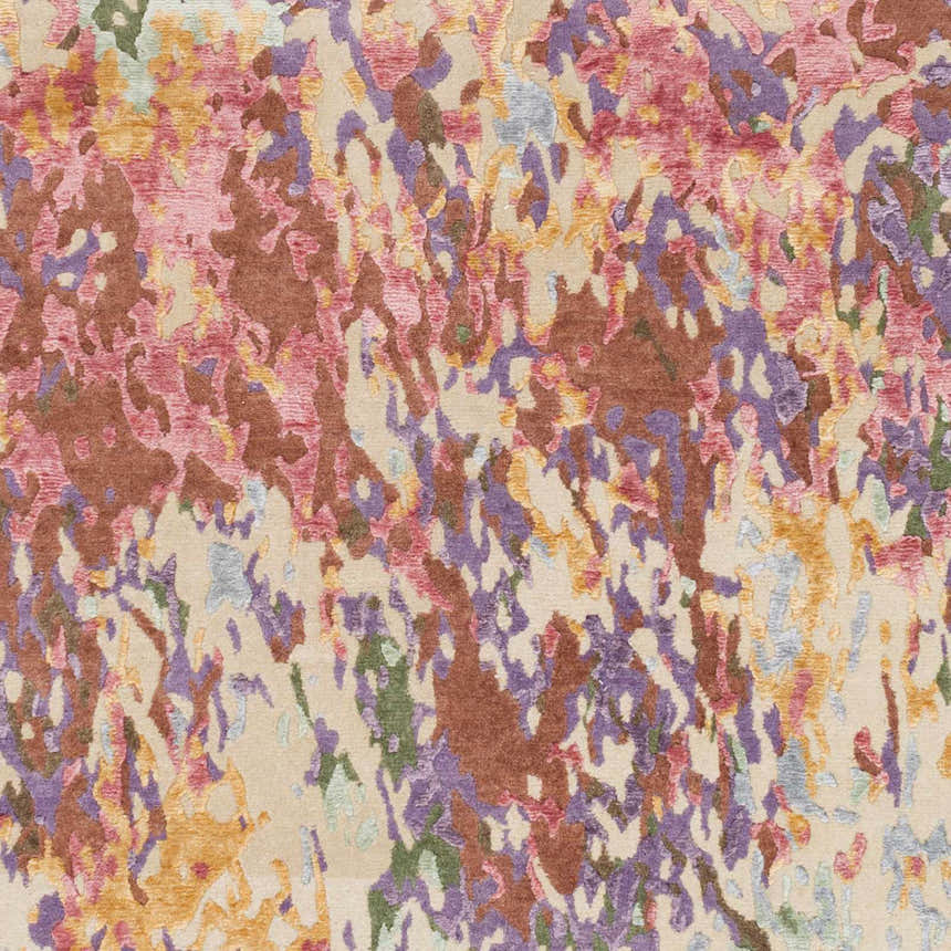 Close-up of the Bronxville Area Rug. Abstract pattern in dark brown, lavender, lilac, olive, and peach on a beige background. Swatch