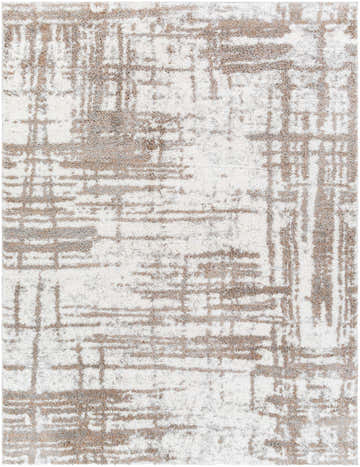 Close-up of Broulee Abstract Striped Plush Rug; cream, gray, and tan shag rug with abstract stripe design. Design-Rectangle-71010