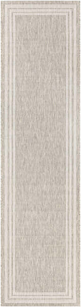 Close-up of the Burradoo Bordered Area Rug. Beige and gray woven texture with a light beige striped border. Design-Runner-2710