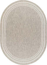 Close-up of an oval Burradoo Bordered Area Rug. Beige and gray tones with a striped border. Machine woven texture. Design-Oval-5373