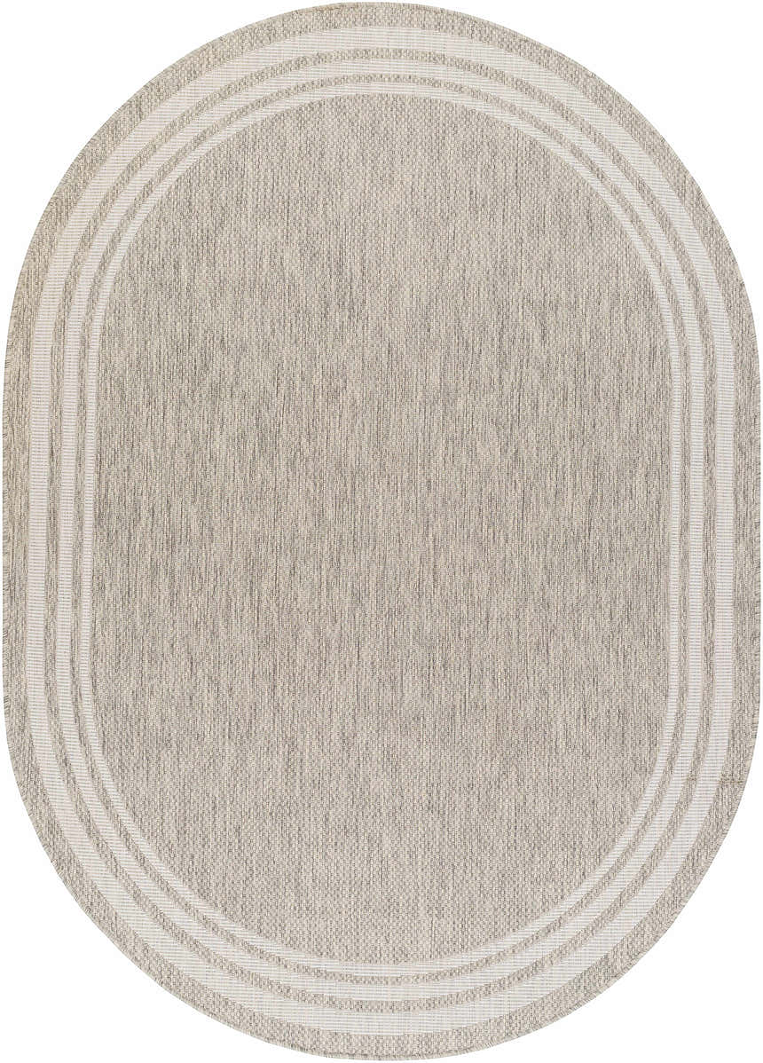 Close-up of an oval Burradoo Bordered Area Rug. Beige and gray tones with a striped border. Machine woven texture. Design-Oval-5373