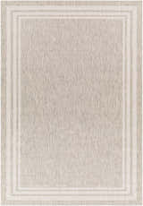 Close-up of the Burradoo Bordered Area Rug. Beige and gray rug with a triple-striped border. Machine woven polypropylene. Design-Rectangle-5377