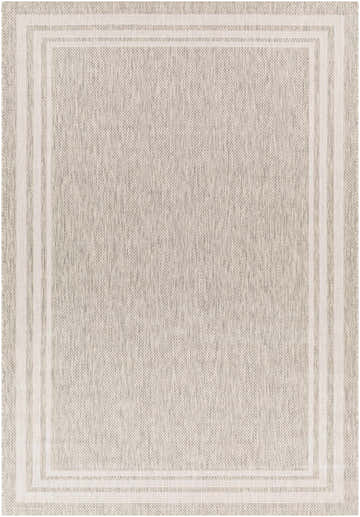 Close-up of the Burradoo Bordered Area Rug. Beige and gray rug with a triple-striped border. Machine woven polypropylene. Design-Rectangle-5377