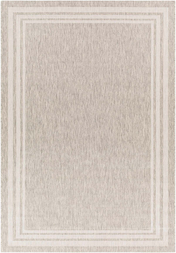 Close-up of the Burradoo Bordered Area Rug. Beige and gray rug with a triple-striped border. Machine woven polypropylene. Design-Rectangle-5377