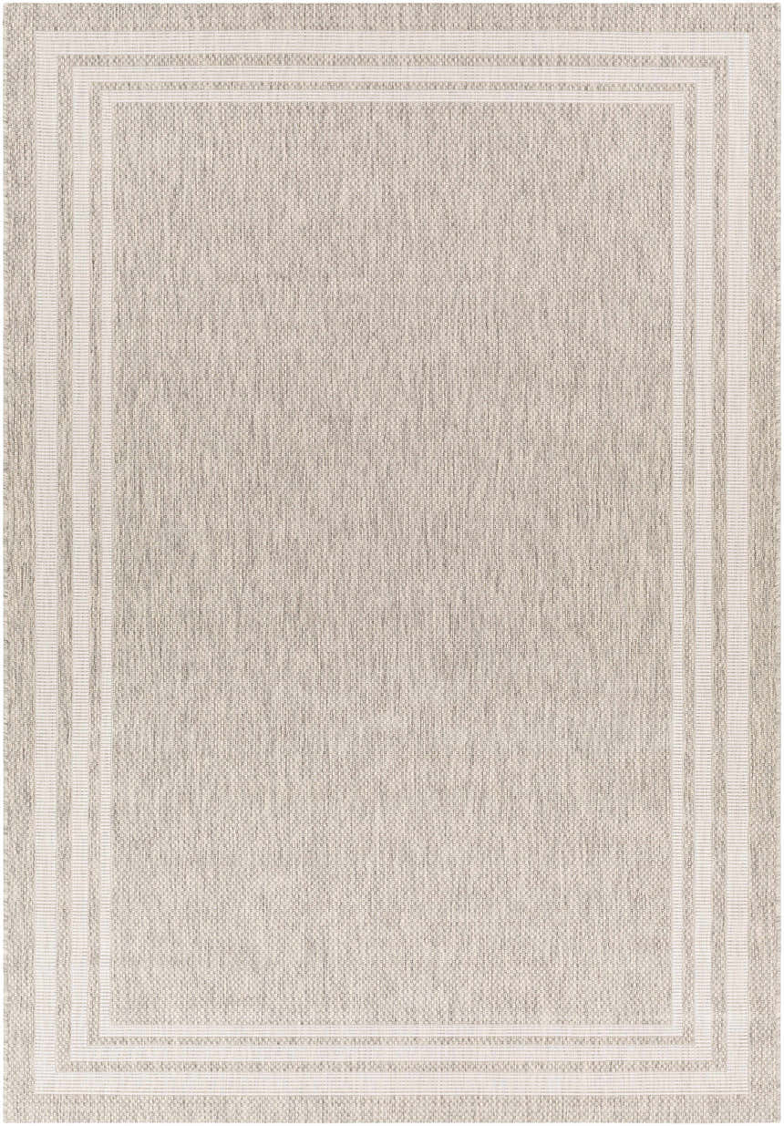 Close-up of the Burradoo Bordered Area Rug. Beige and gray rug with a triple-striped border. Machine woven polypropylene. Design-Rectangle-5377
