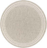 Close-up of a round Burradoo Bordered Area Rug. Beige rug with a light beige striped border. Machine woven polypropylene. Design-Round-67