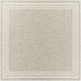 Close-up of the Burradoo Bordered Area Rug. Beige and gray rug with a simple, traditional striped border pattern. Design-Square-67