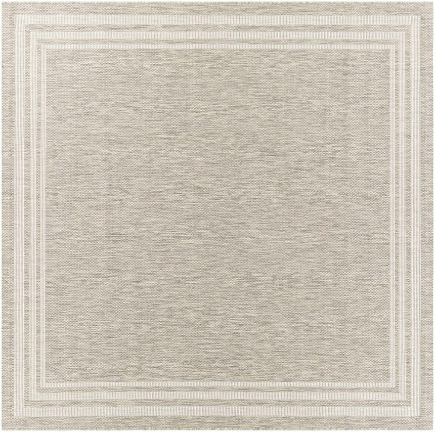 Close-up of the Burradoo Bordered Area Rug. Beige and gray rug with a simple, traditional striped border pattern. Design-Square-67