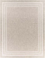 Close-up of the beige Burradoo Bordered Area Rug with a light beige and gray striped border. Design-Rectangle-710102